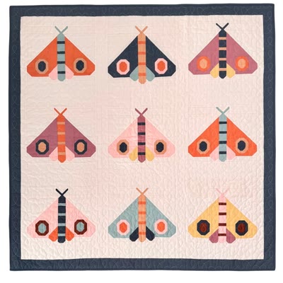 By Lamplight quilt with nine pieced moths and a navy border